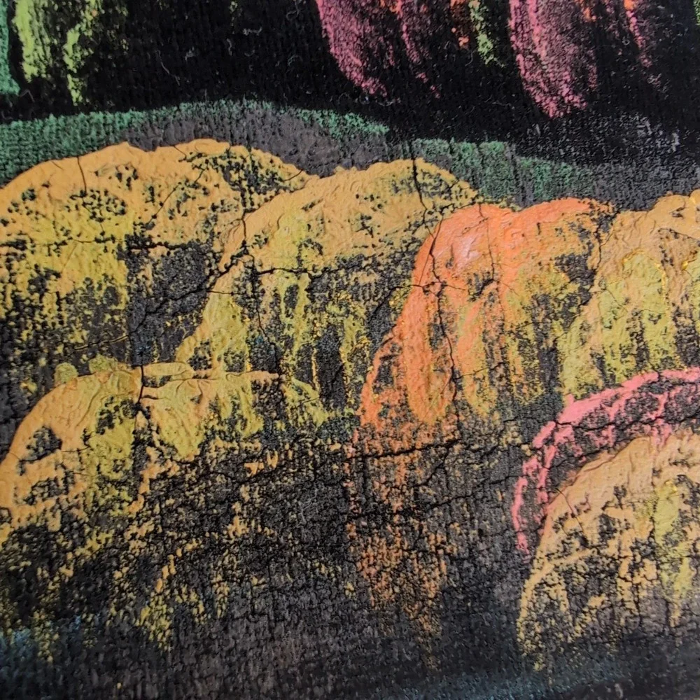 Vintage Hand Painted Velvet Painting Wall Hanging Colorful Village Folk Art MCM